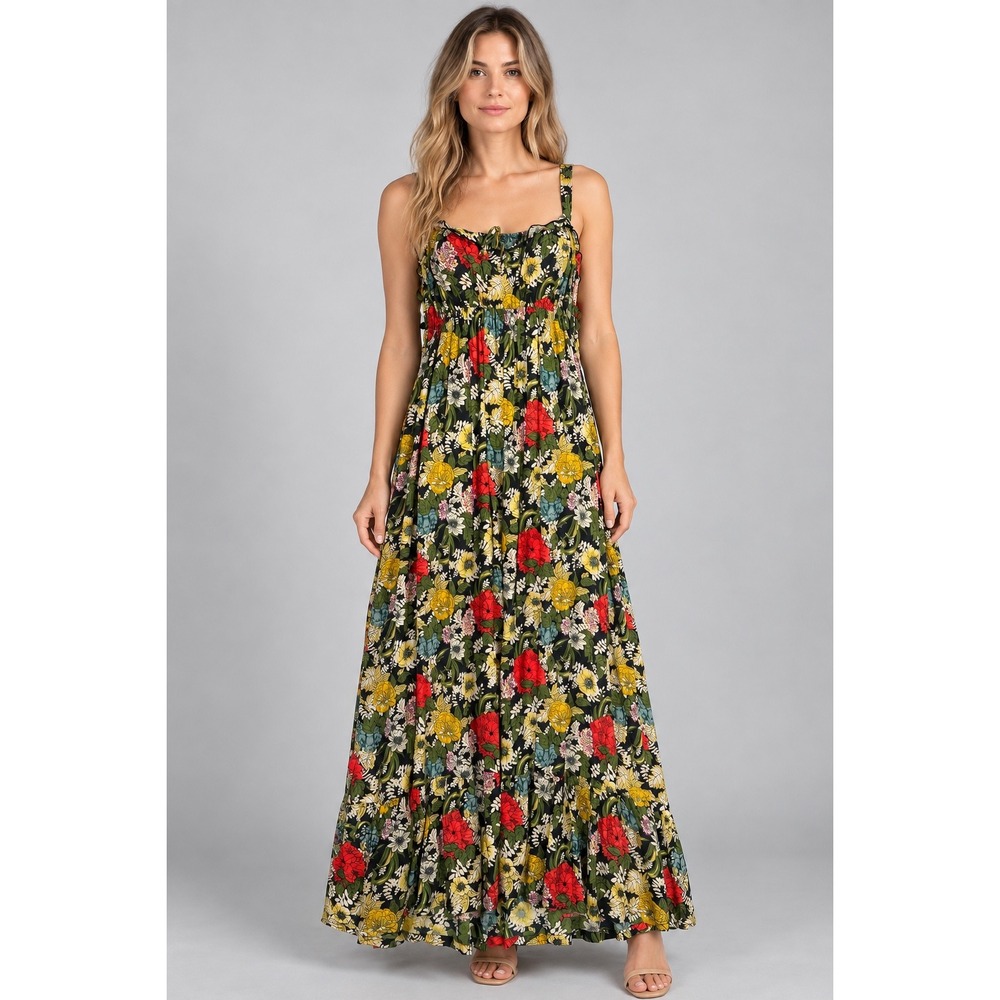 Natural Life Elizabeth Floral Maxi Dress Womens L Black Poppy Tiered Sundress